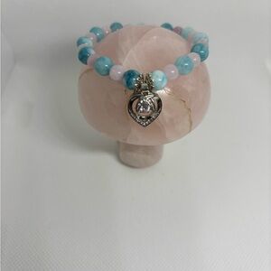 Natural Ocean Blue Jade and Lepidolite Stretch Bracelet Swarovski Crystal Heart